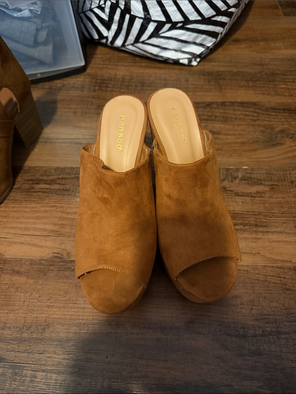 BAMBOO Tan Suede Open-Toe Mule Heels